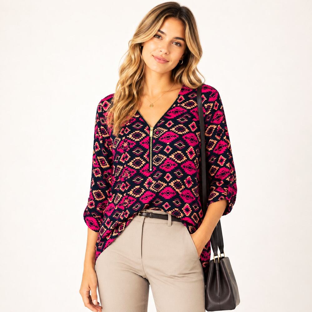 Wishful Park Blouse Women's Size XL Aztec Navy Pink Western Casual Office Boho